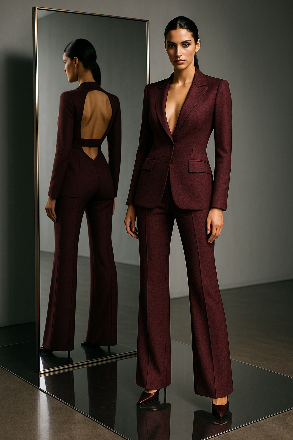 The Bordeaux — a deep burgundy suit with a classic open back, photographed against a mirror.